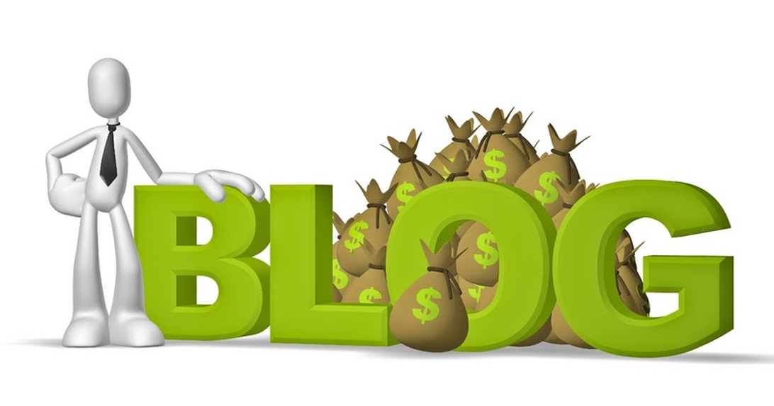 3D-grafik som visar ordet 'BLOG' i grönt med pengasäckar, symboliserande bloggmonetarisering.